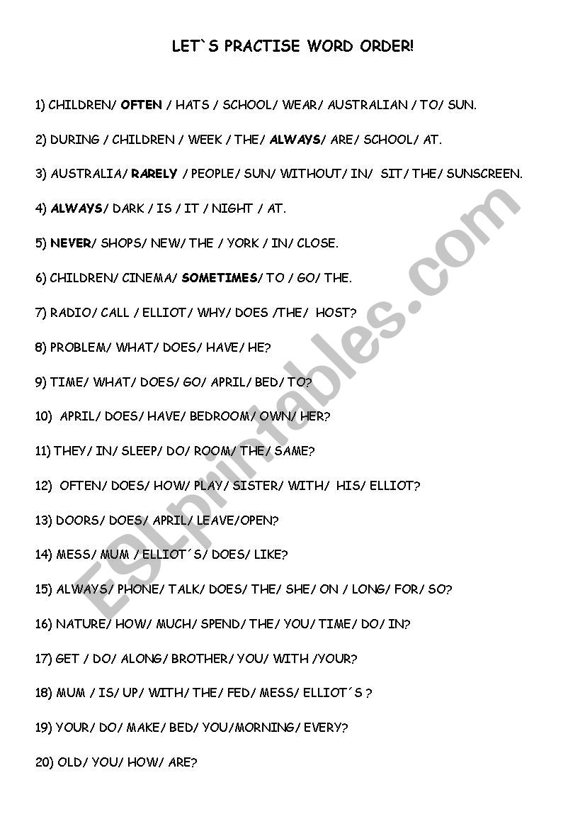 word order worksheet