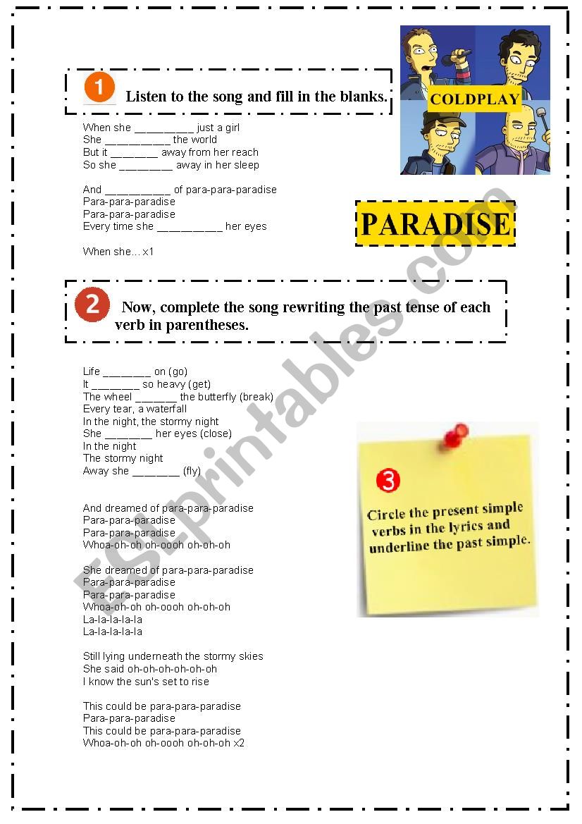 Paradise - Coldplay song and nursery…: English ESL worksheets pdf