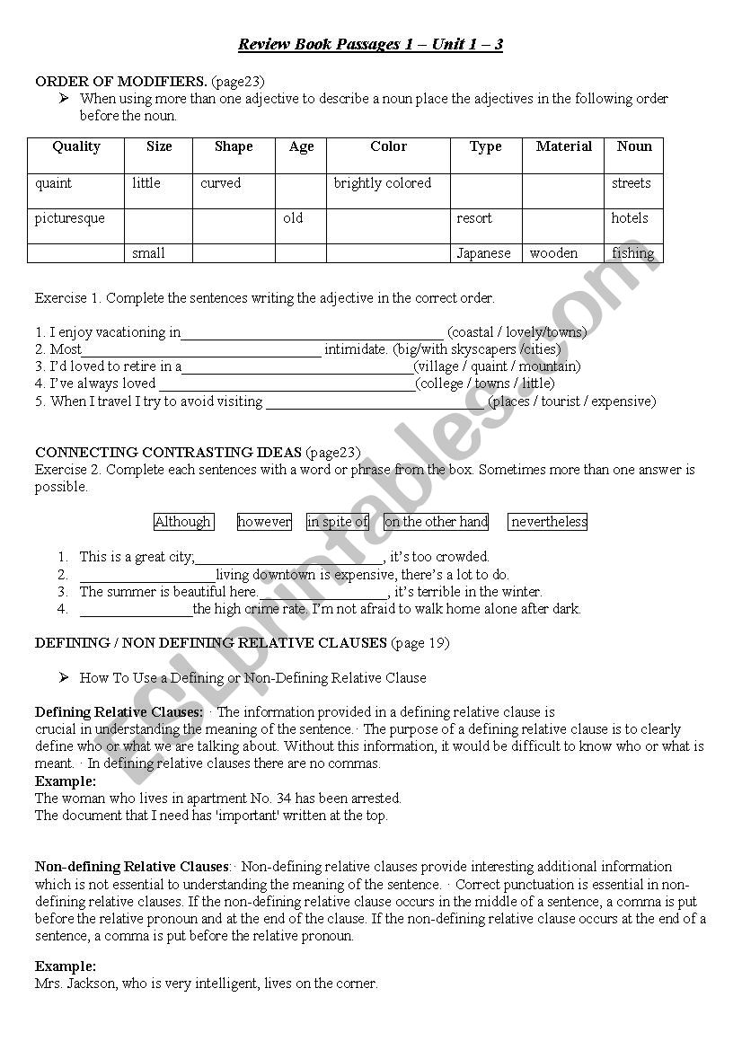 Review - Passages book 1 worksheet