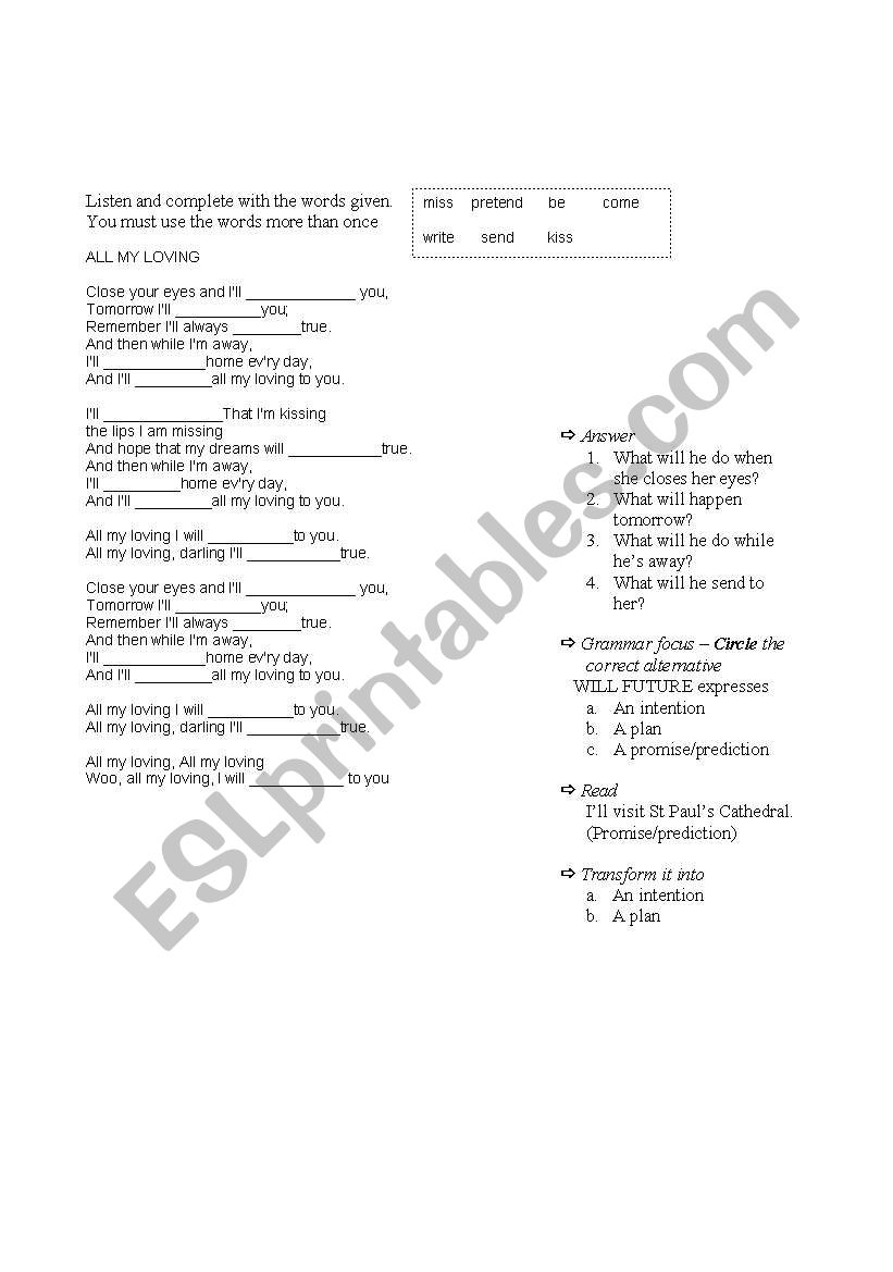 grammar through songs future forms - All my  -Beatles