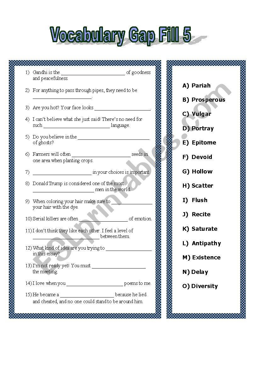 Vocan List 5 Gap Fill worksheet