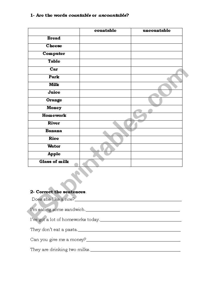 Countable and uncountable worksheet