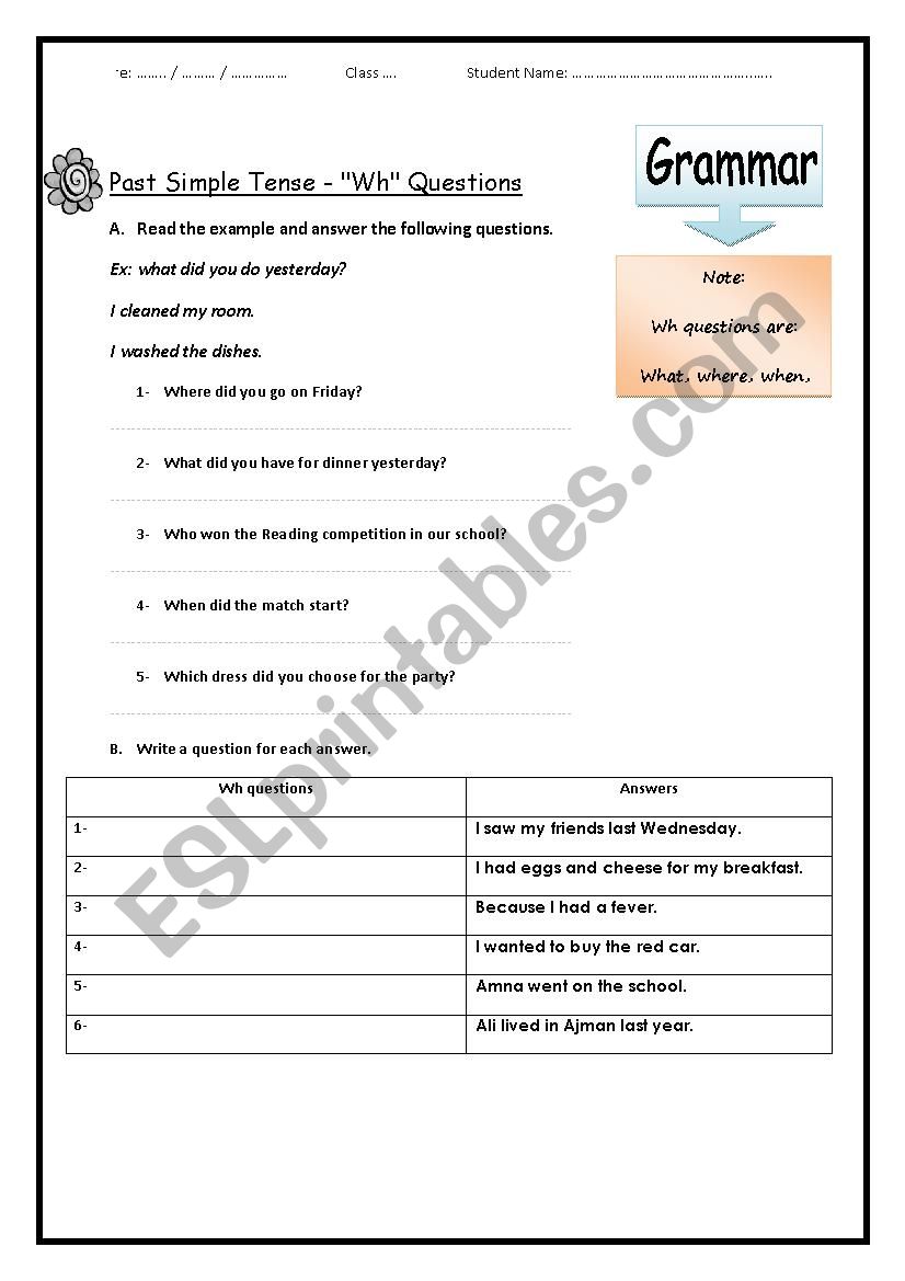 past tense, wh questions worksheet