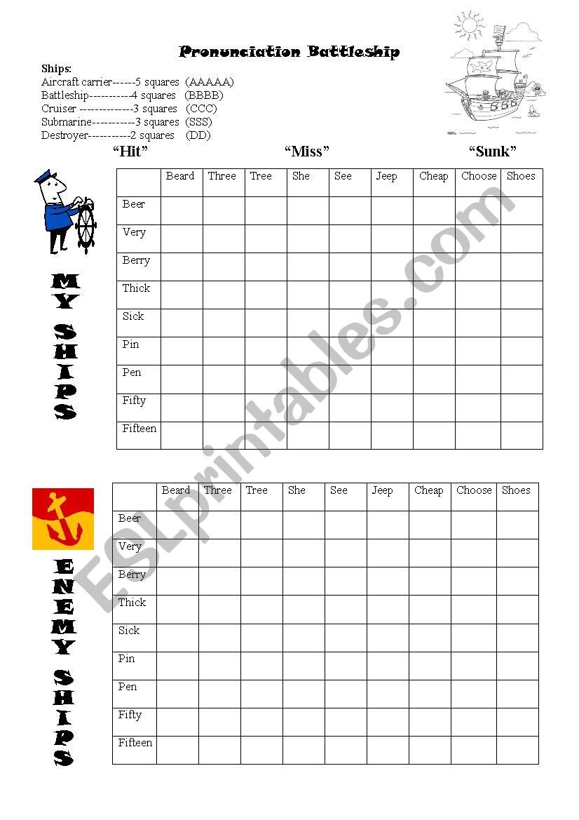Pronunciation Battleship worksheet
