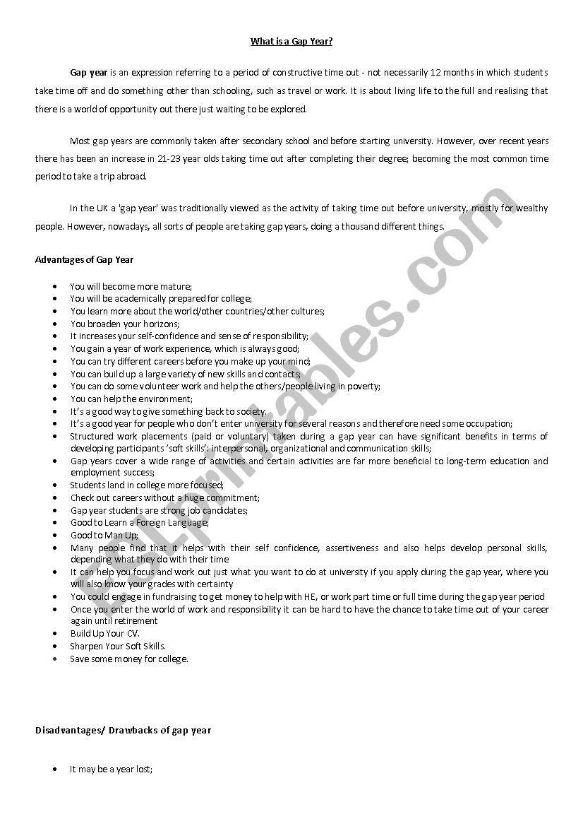 Gap Year - useful information worksheet