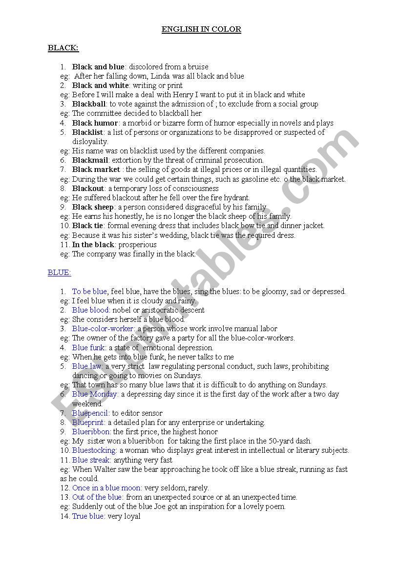 ENGLISH IN COLOR worksheet