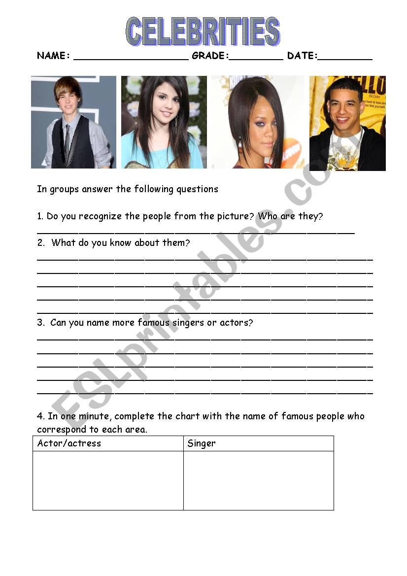 Celebreties worksheet