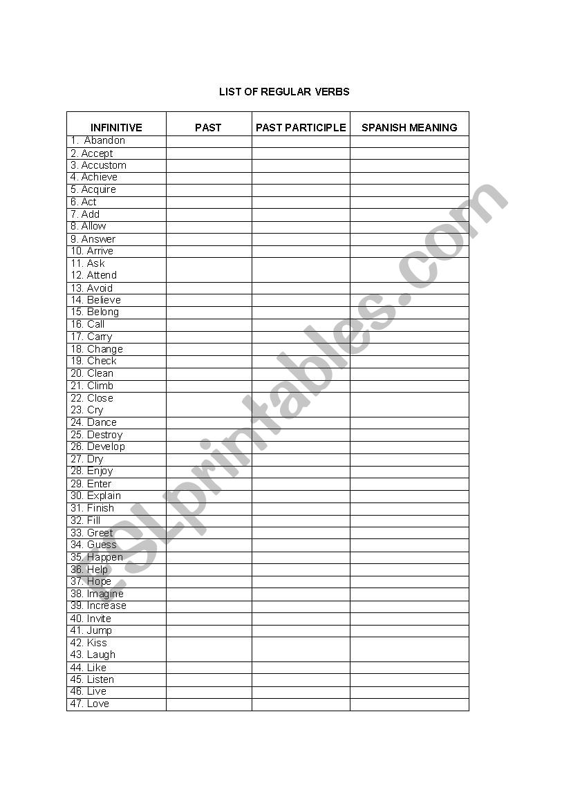 List of regular verbs worksheet