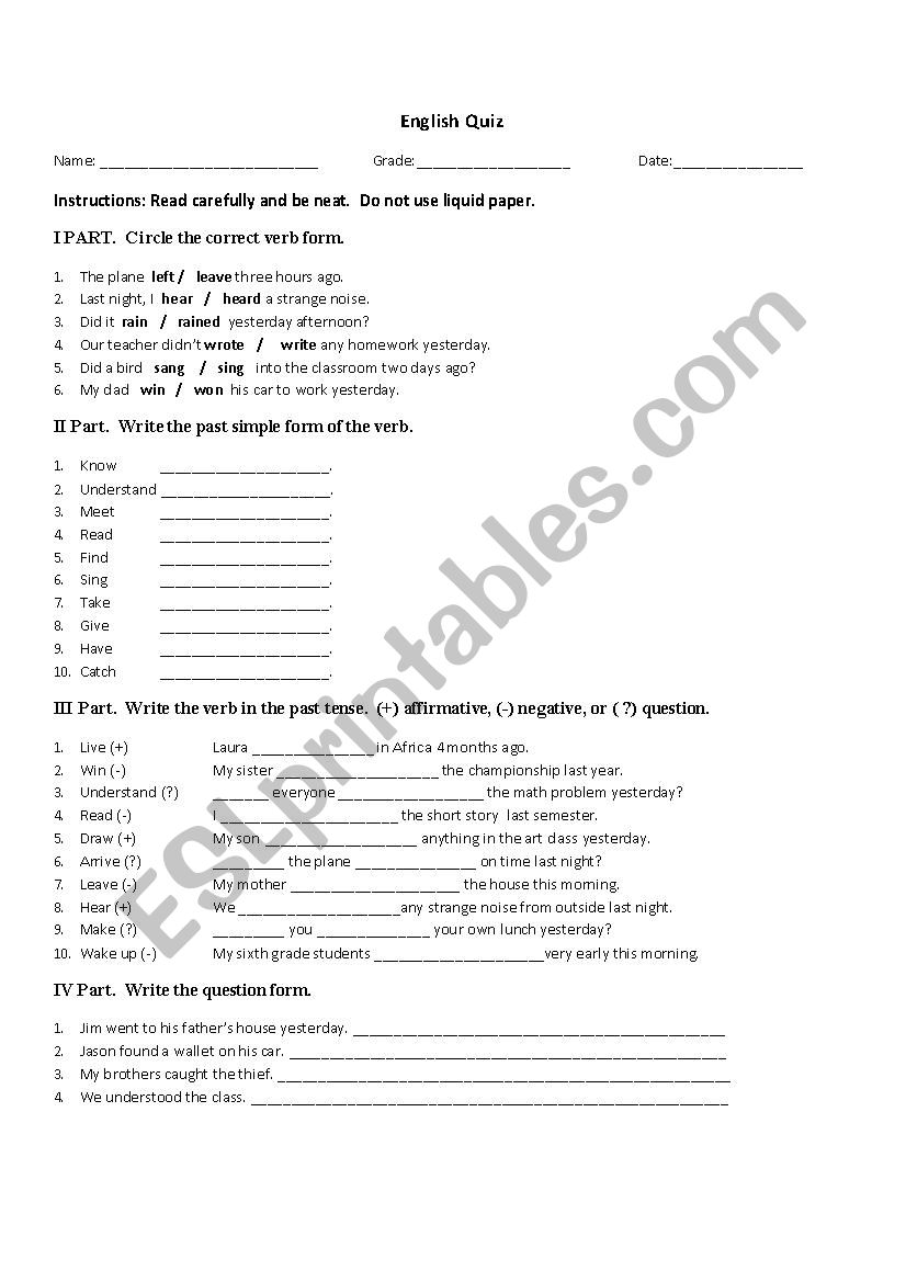 Irregular verbs quiz Past Tense