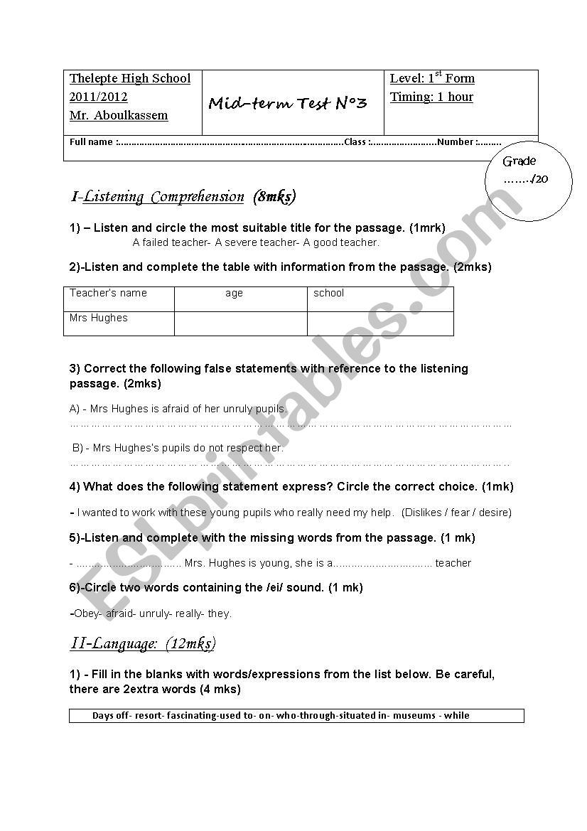 mid-term test 3 for 1st forms worksheet