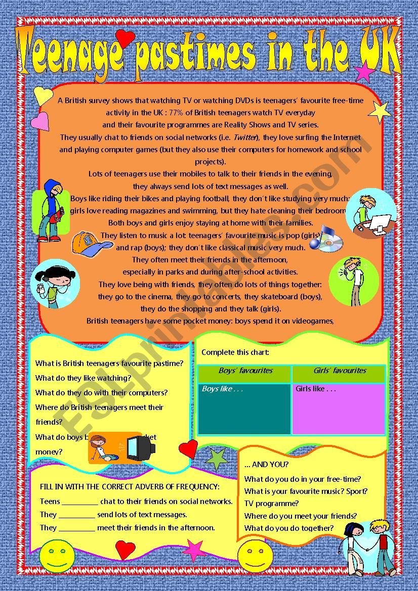 Teenage pastimes worksheet