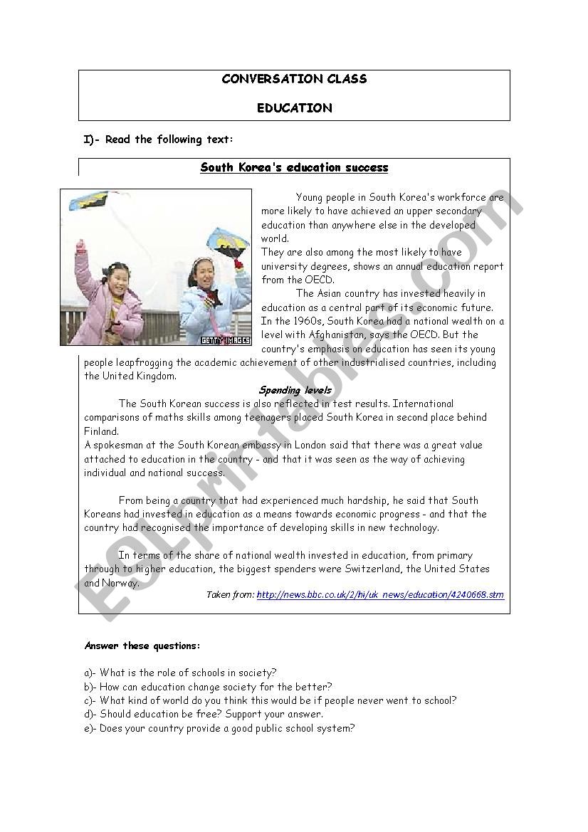 Conversation class education worksheet