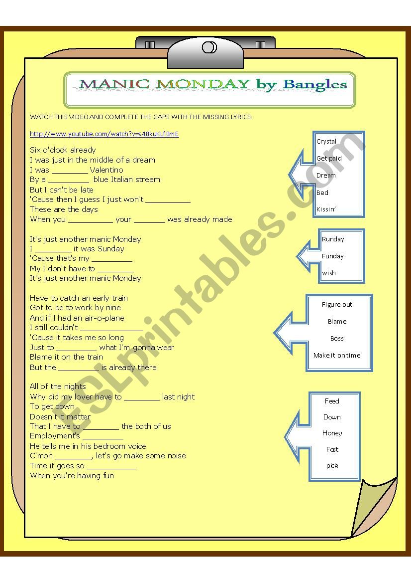 MANIC SUNDAYS by the Bangles worksheet