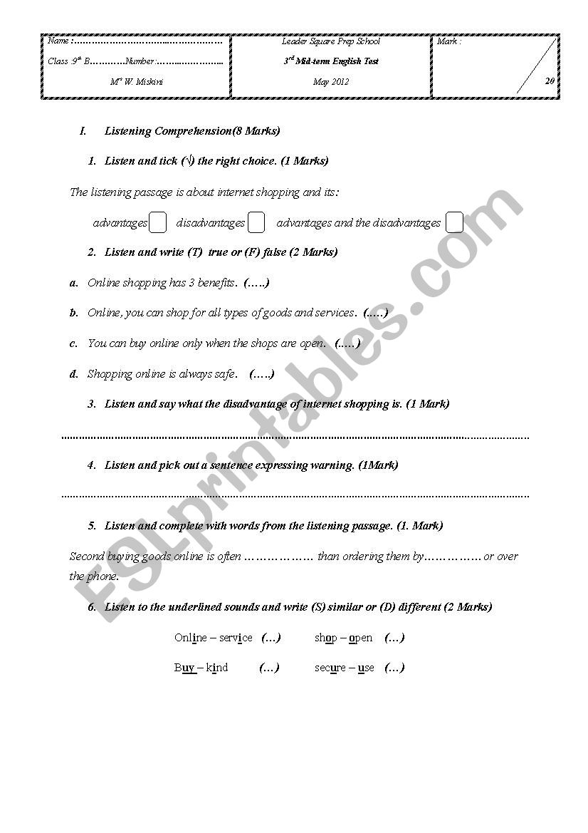 test 9th form worksheet