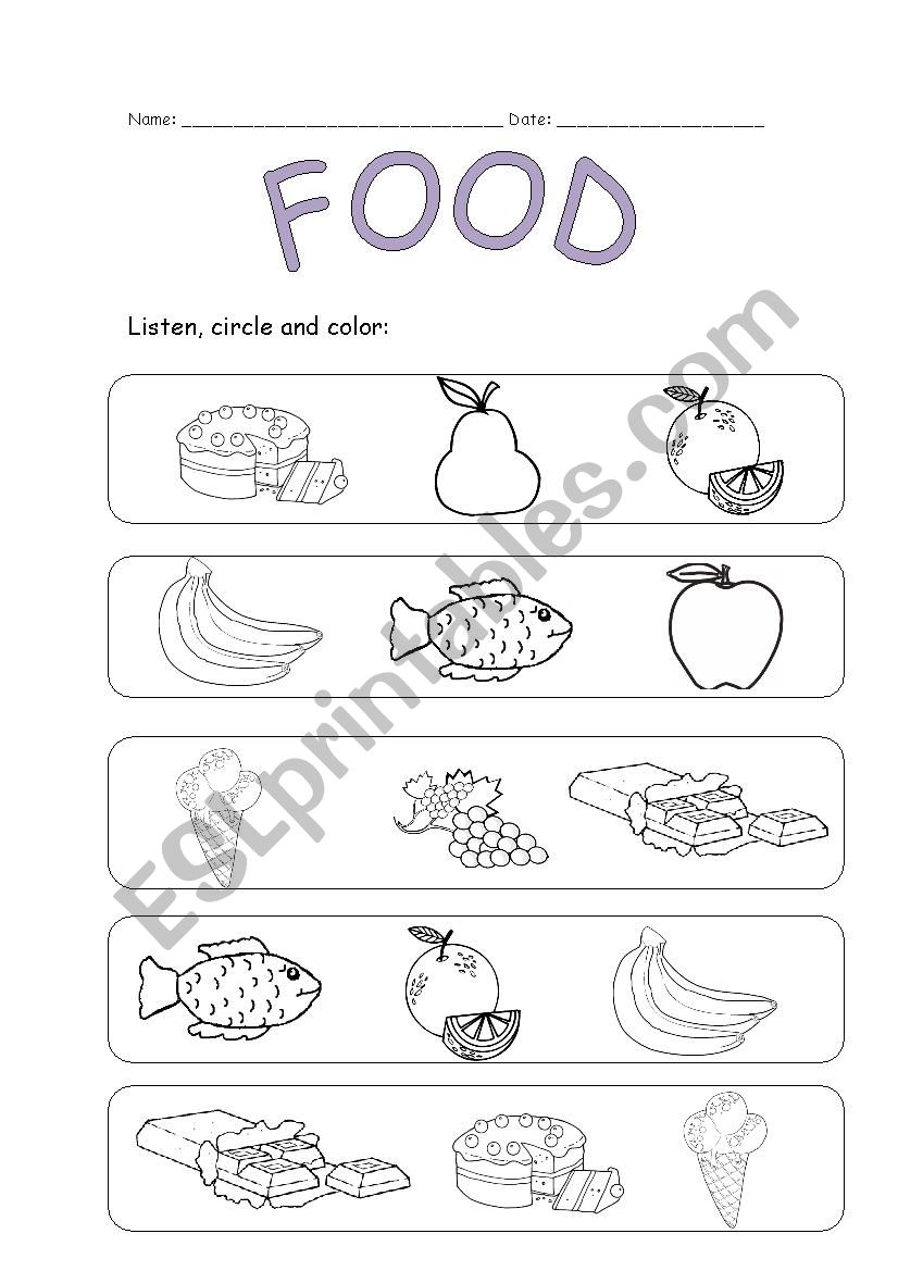 FOOD_listen, circle and color worksheet