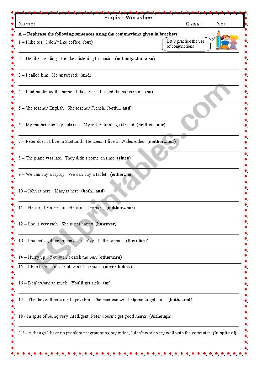 Conjunctions 2 (With Key) worksheet