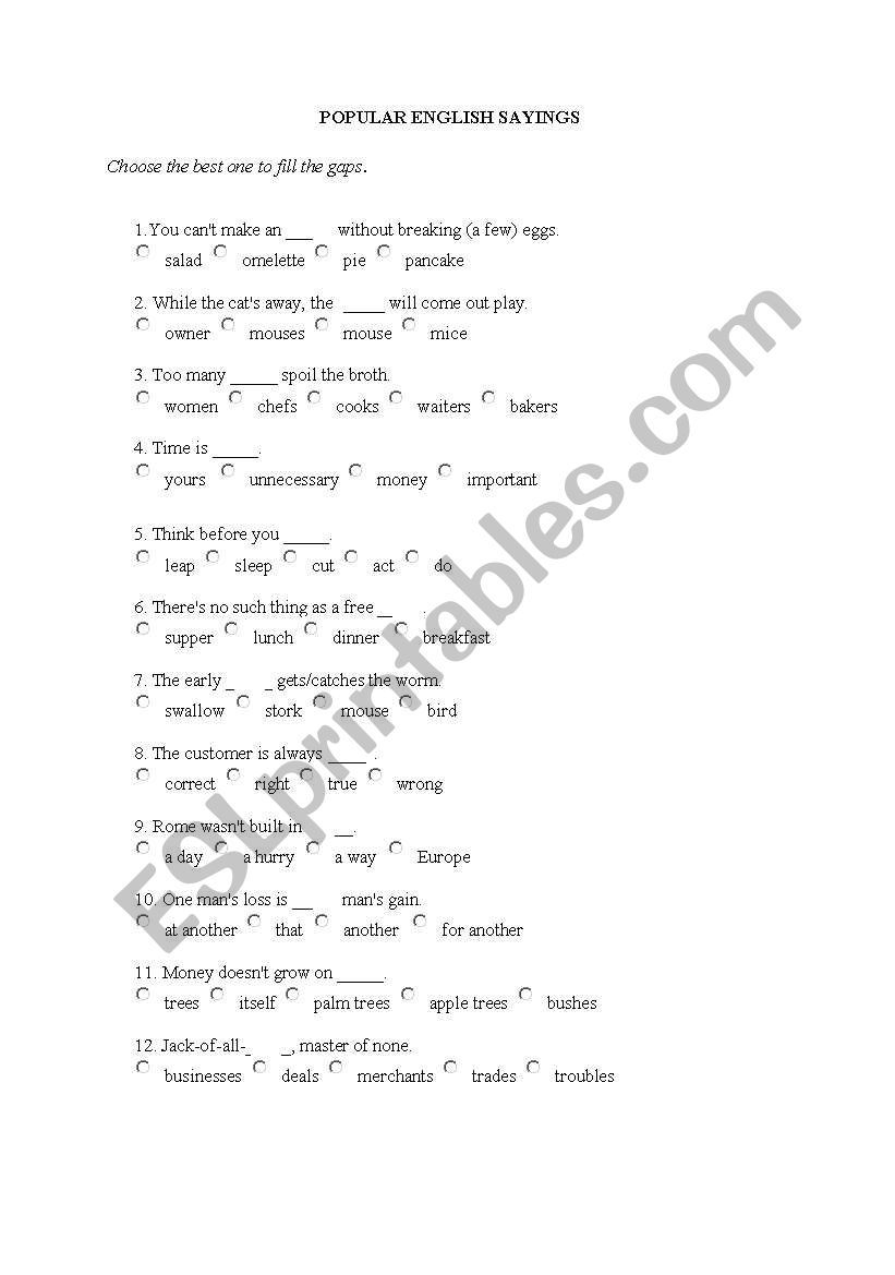 POPULAR ENGLISH SAYINGS worksheet