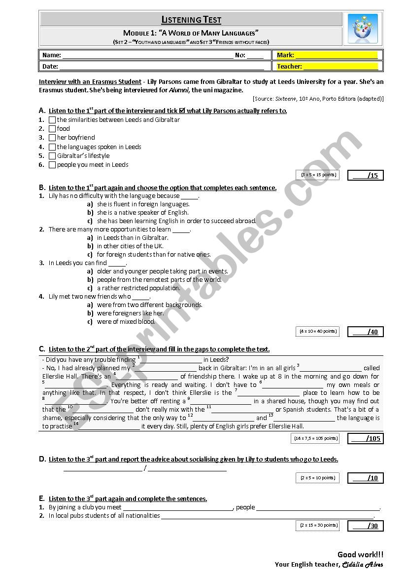 Listening Test - Erasmus  worksheet