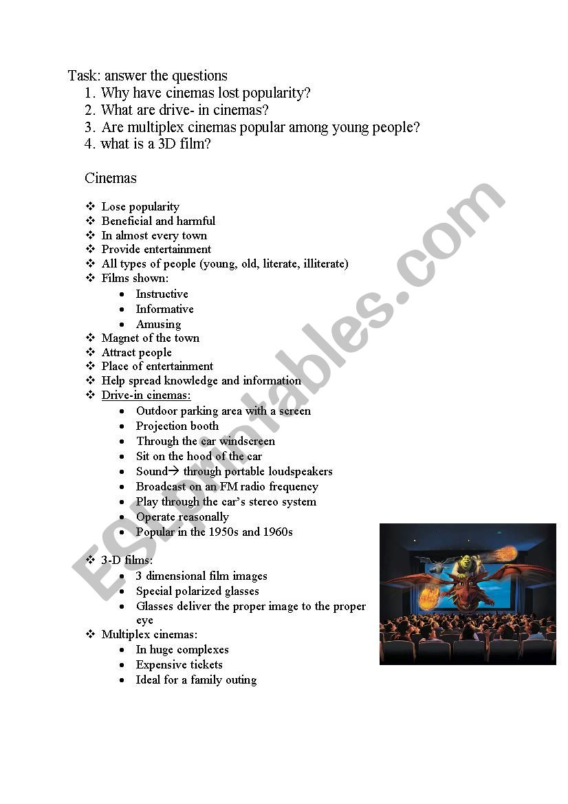 cinemas worksheet