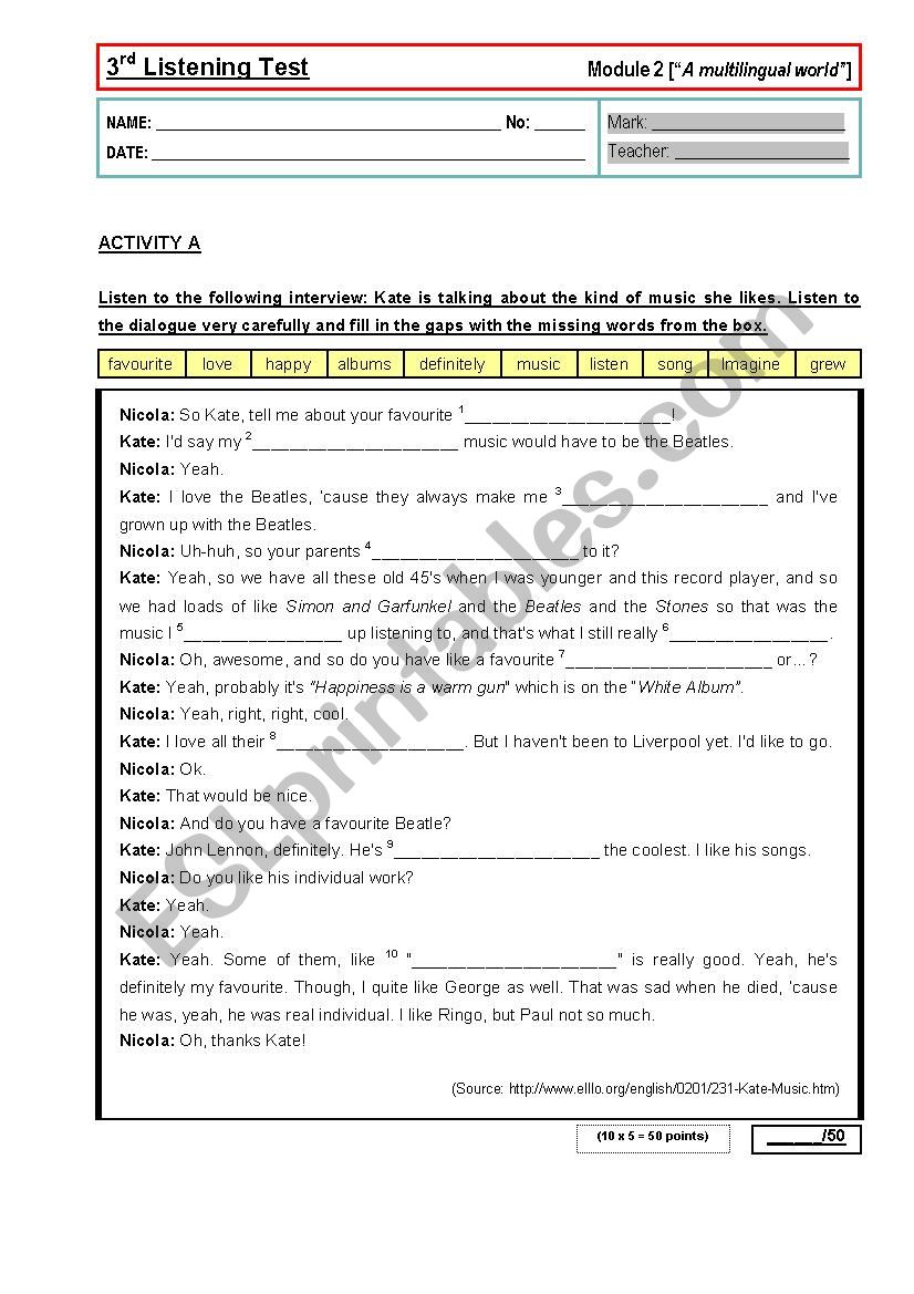 Listening Test Music worksheet