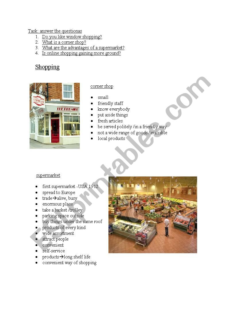 shopping worksheet