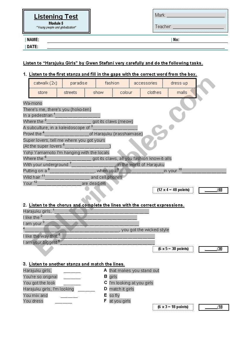 Listening Test fashion worksheet