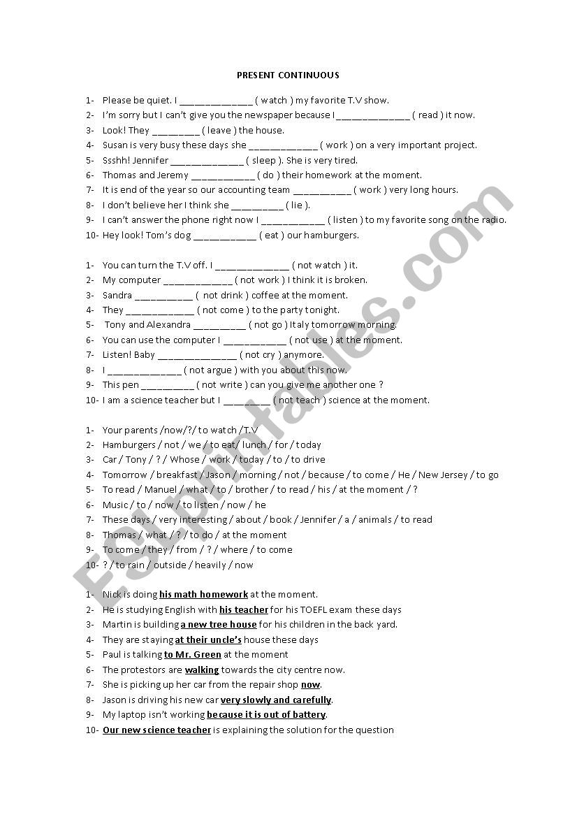 present continuous tense exercises