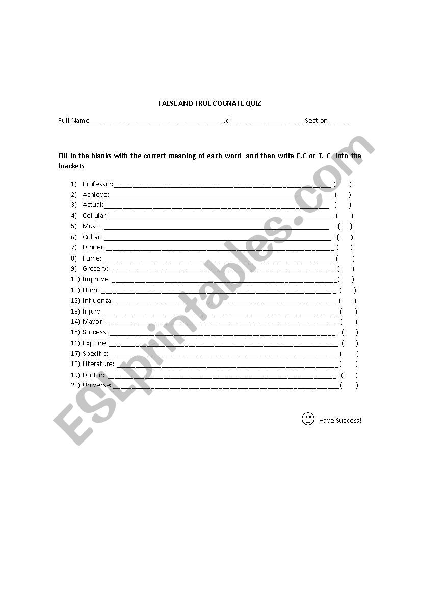 FALSE AND TRUE COGNATE QUIZ worksheet