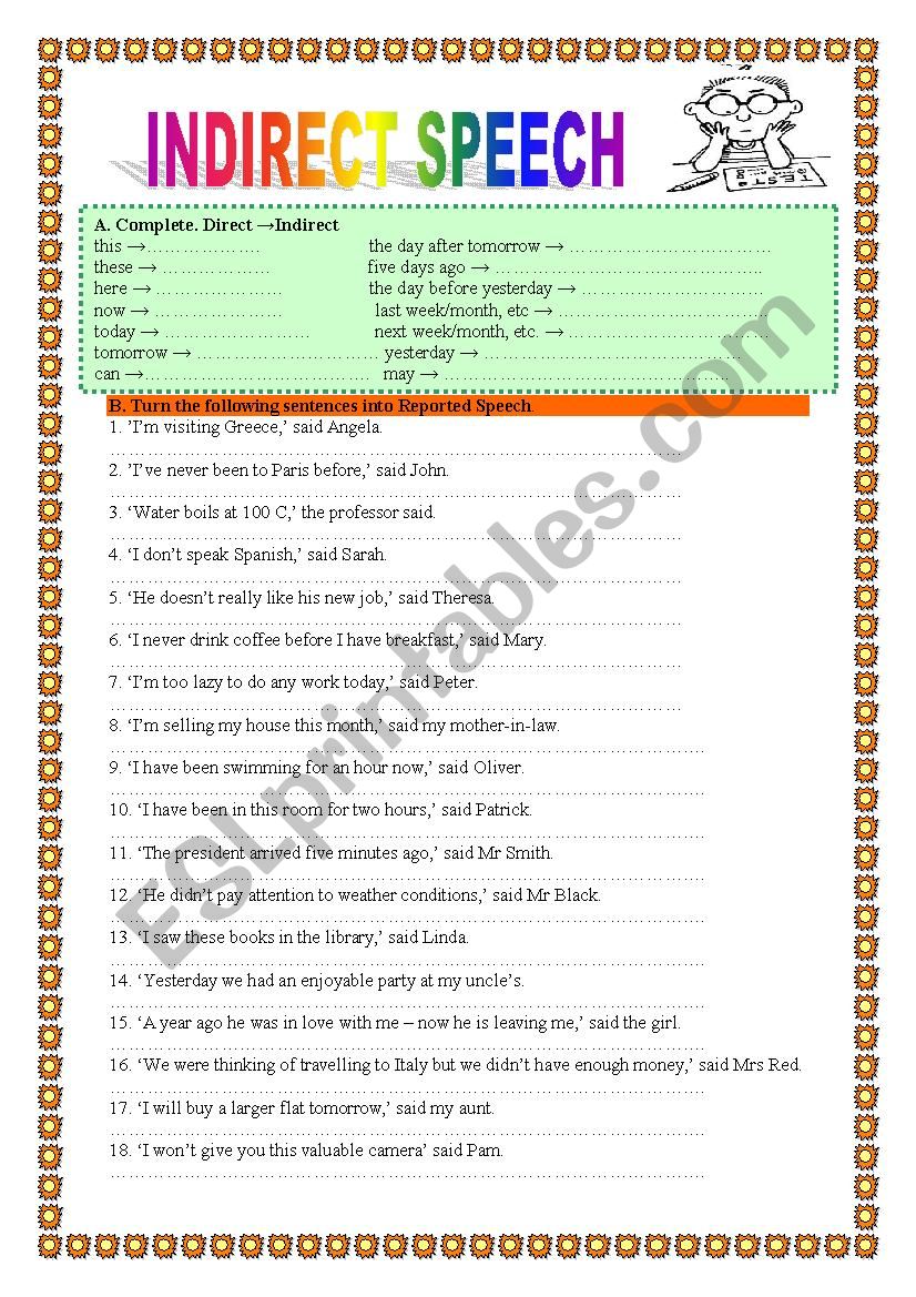 worksheets on reported speech for class 7