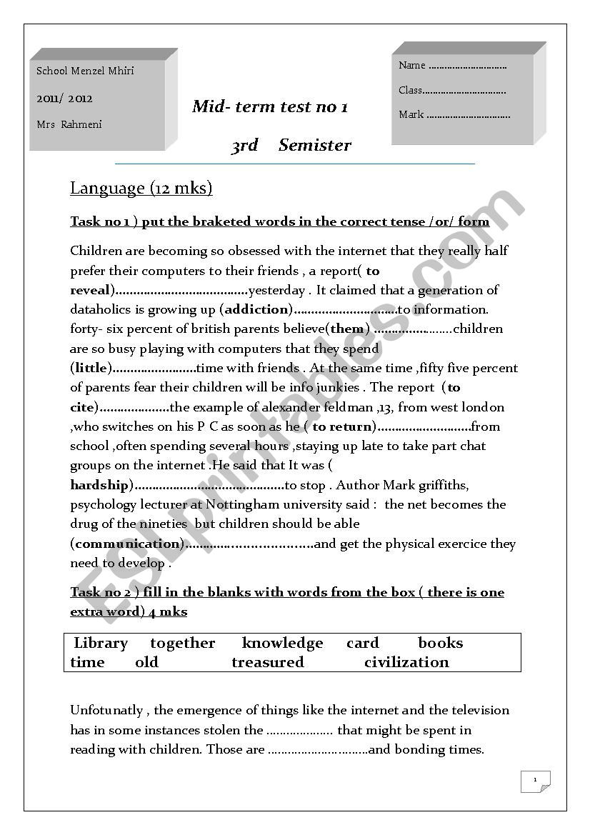 mid term test third fprm worksheet