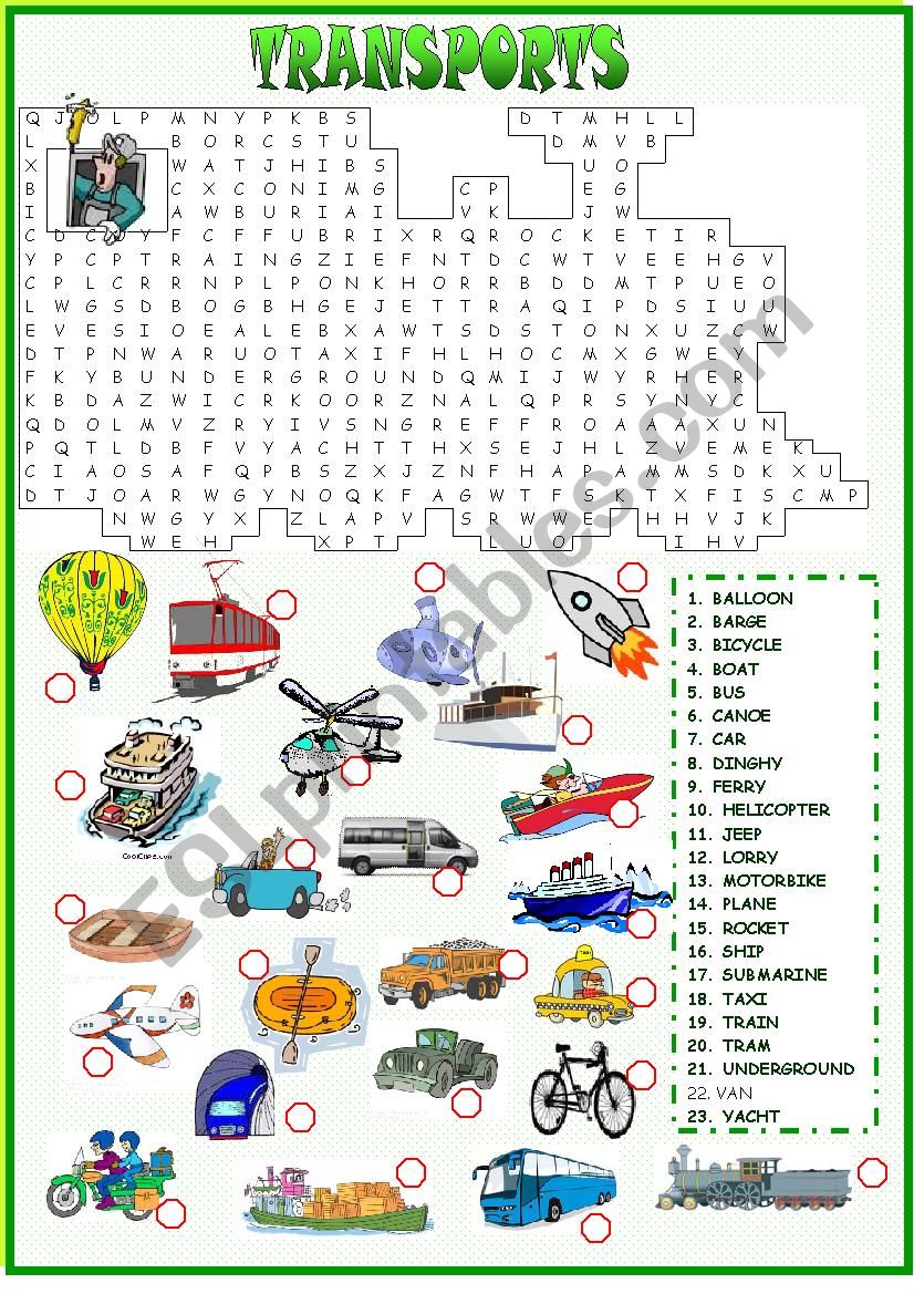 Transports Wordseach worksheet