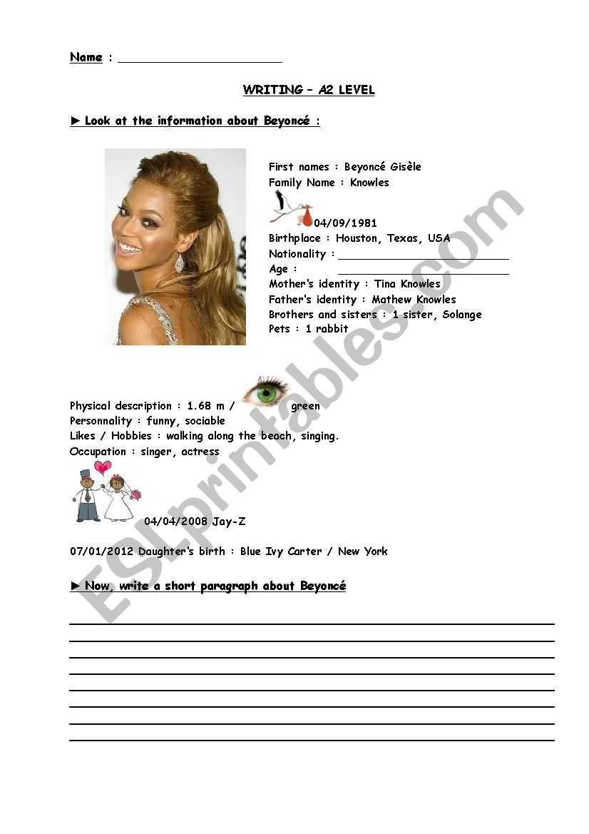 Writing on a celebrity : Beyonce - ESL worksheet by Lsa8