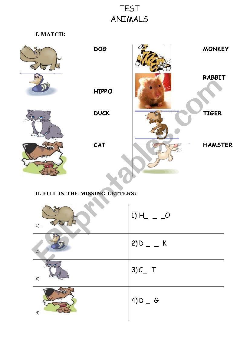 Test Animals worksheet
