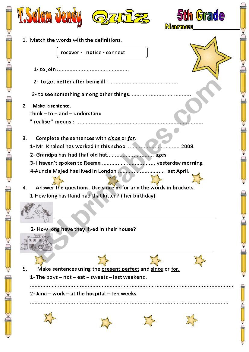 Present Perfect - since - for worksheet
