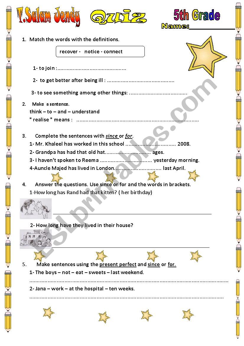 Present Perfect - since - for worksheet