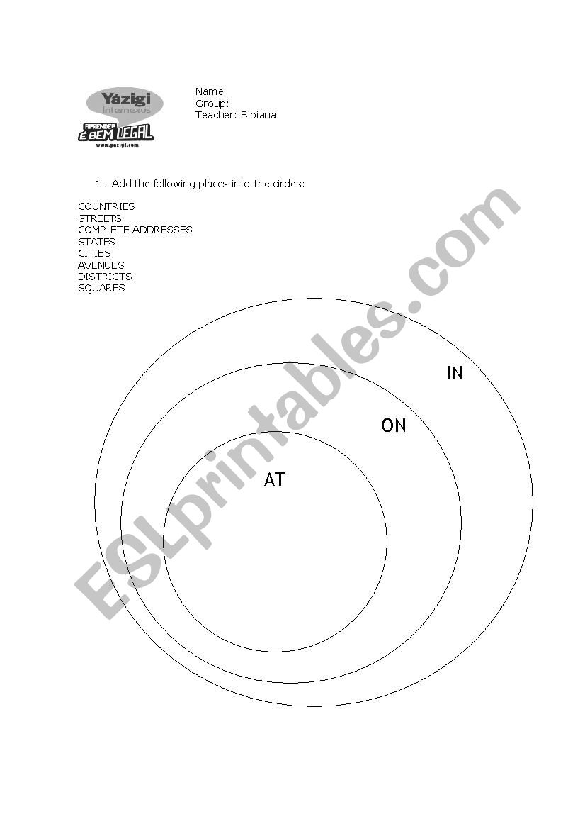 Prepositions In On aT worksheet