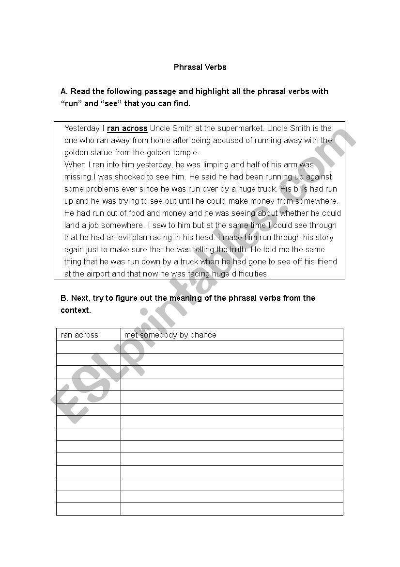 Phrasal Verbs (run n see) worksheet