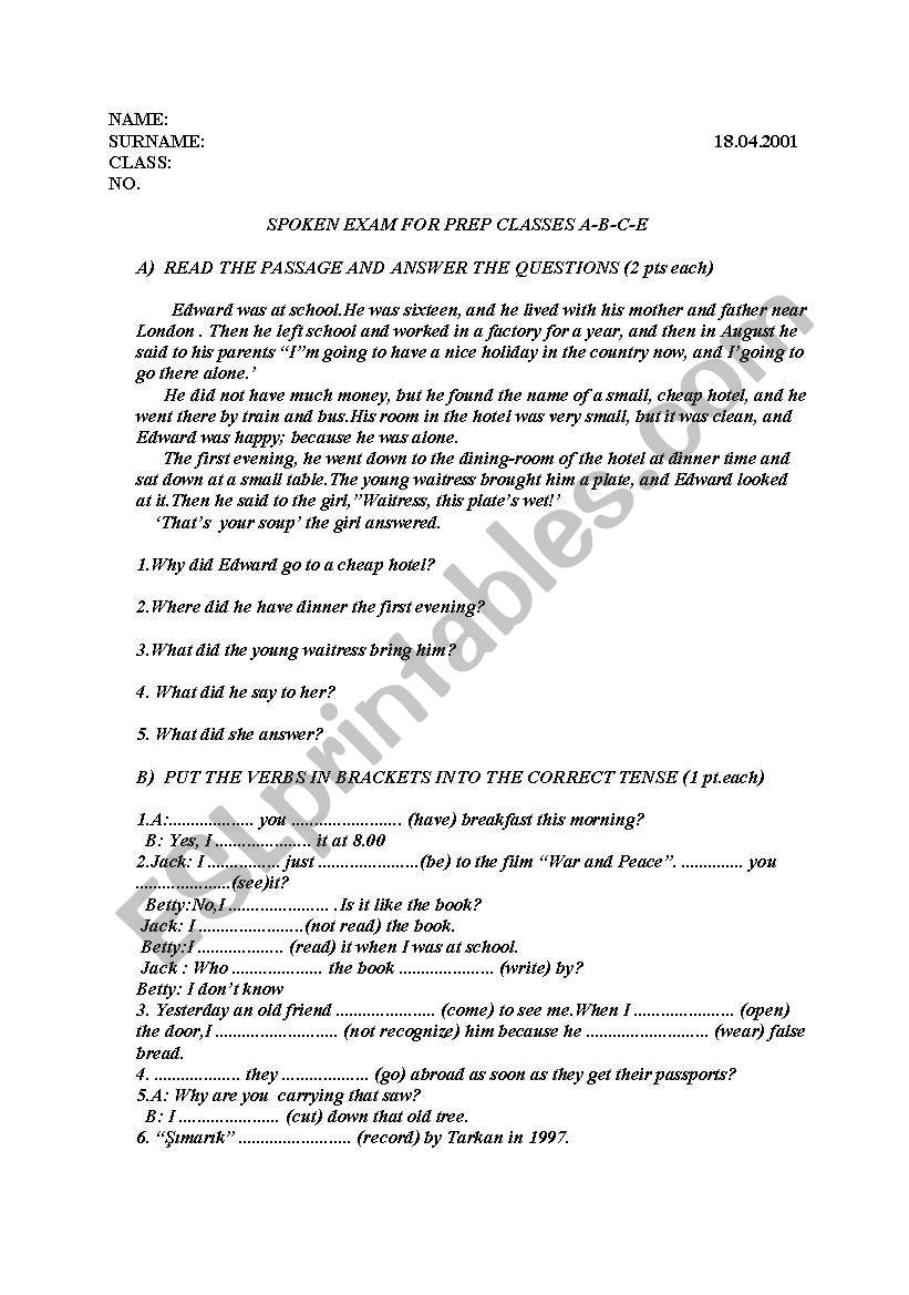 SPOKEN EXAM FOR PREP CLASSES  worksheet