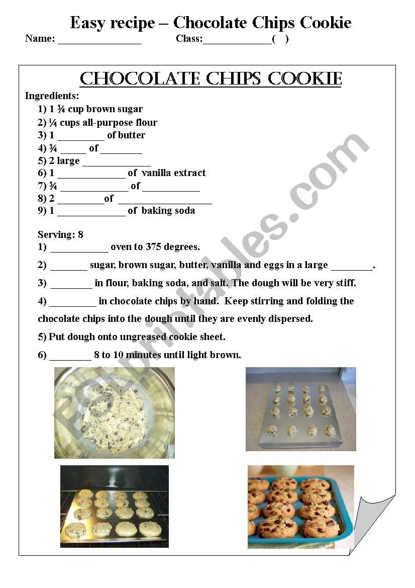 Chocolate chips cookie recipe worksheet