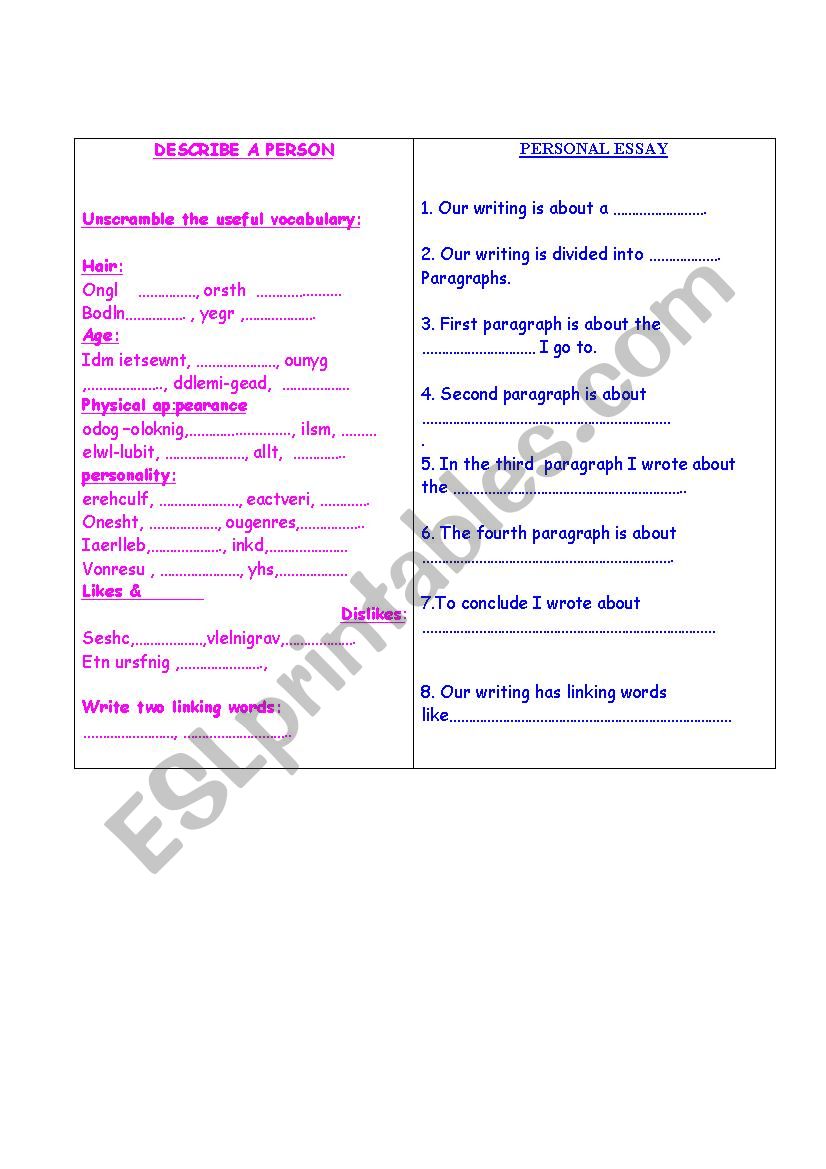 writing test  worksheet