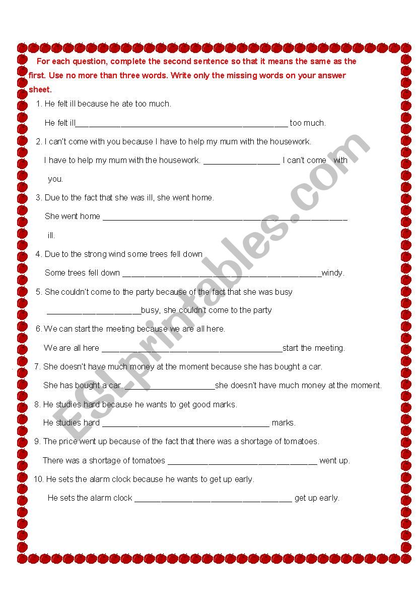 Adverbial Clauses rewrite worksheet