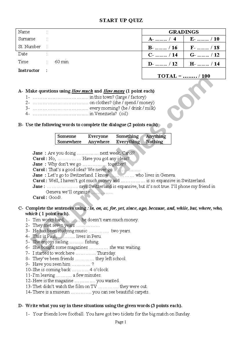 START UP QUIZ worksheet