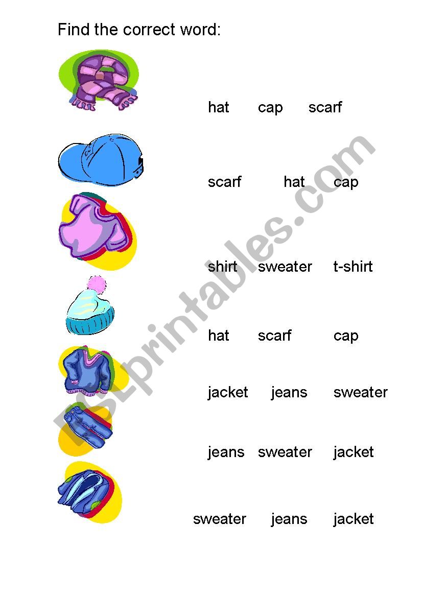Multiple choice of clothes. worksheet