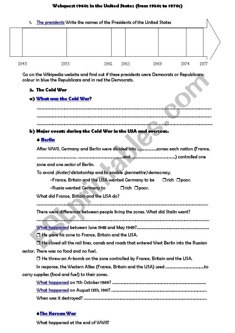 Webquest USA 1950s-1970s worksheet