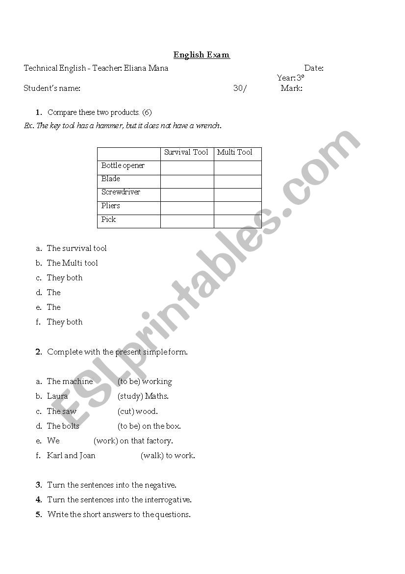 Technical English Test worksheet