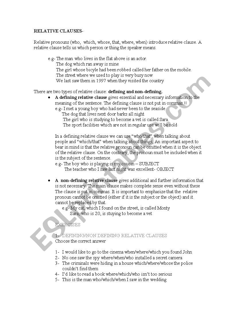RELATIVE CLAUSES THEORY worksheet