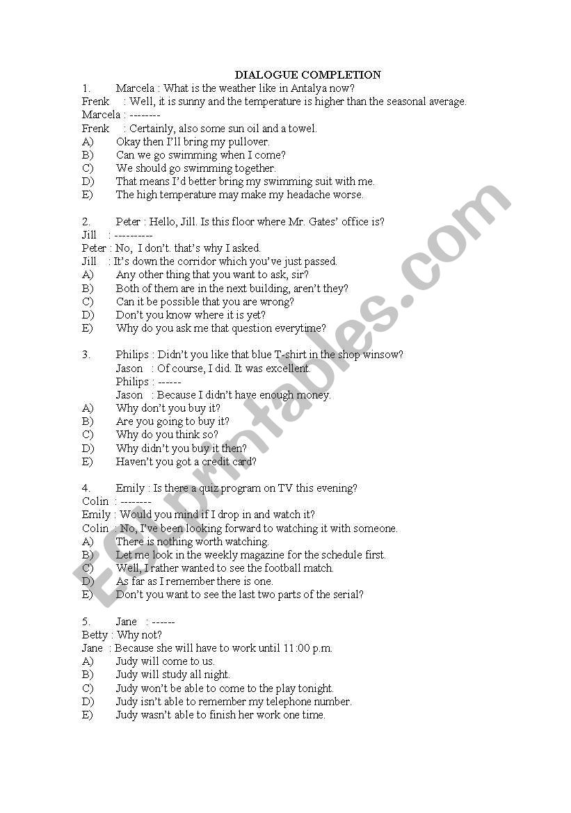 DIALOGUE COMPLETION PART 1 worksheet