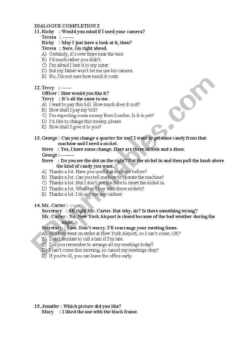 DIALOGUE COMPLETION PART 2 worksheet