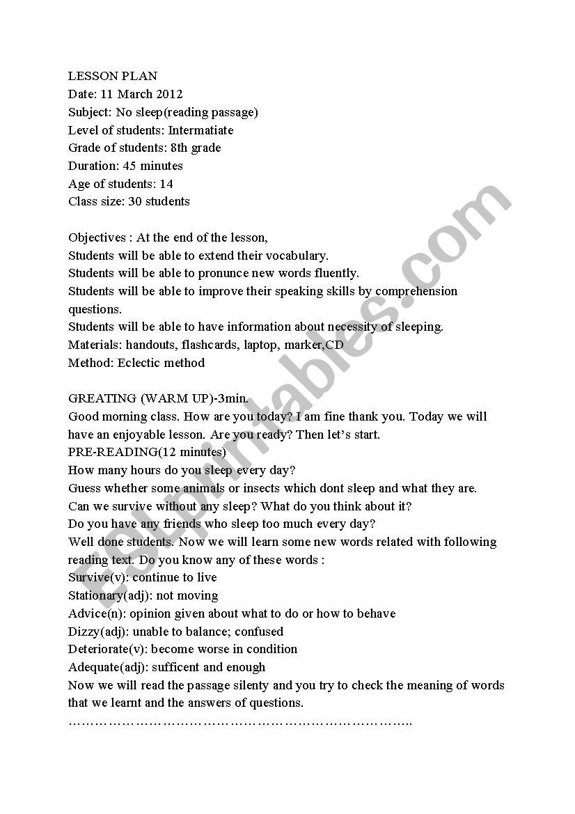 Sleeping Disorder ( Insomnia) worksheet