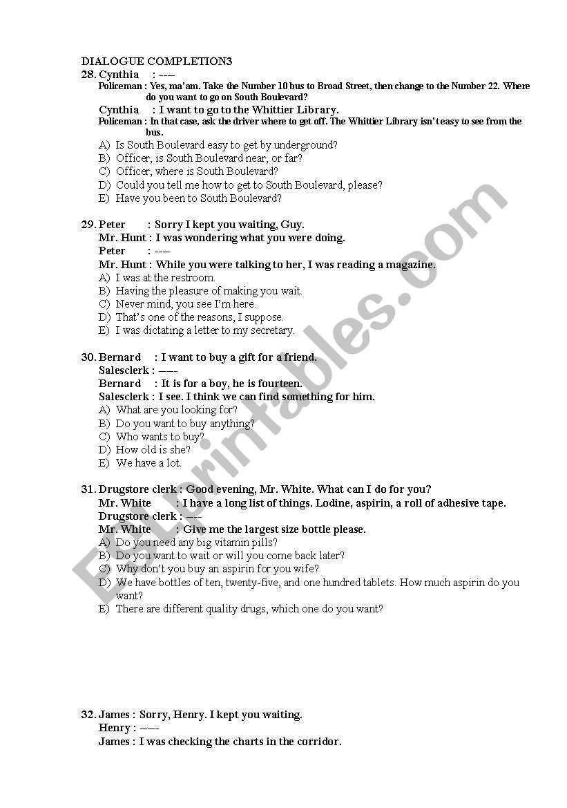 DIALOGUE COMPLETION PART 3 worksheet